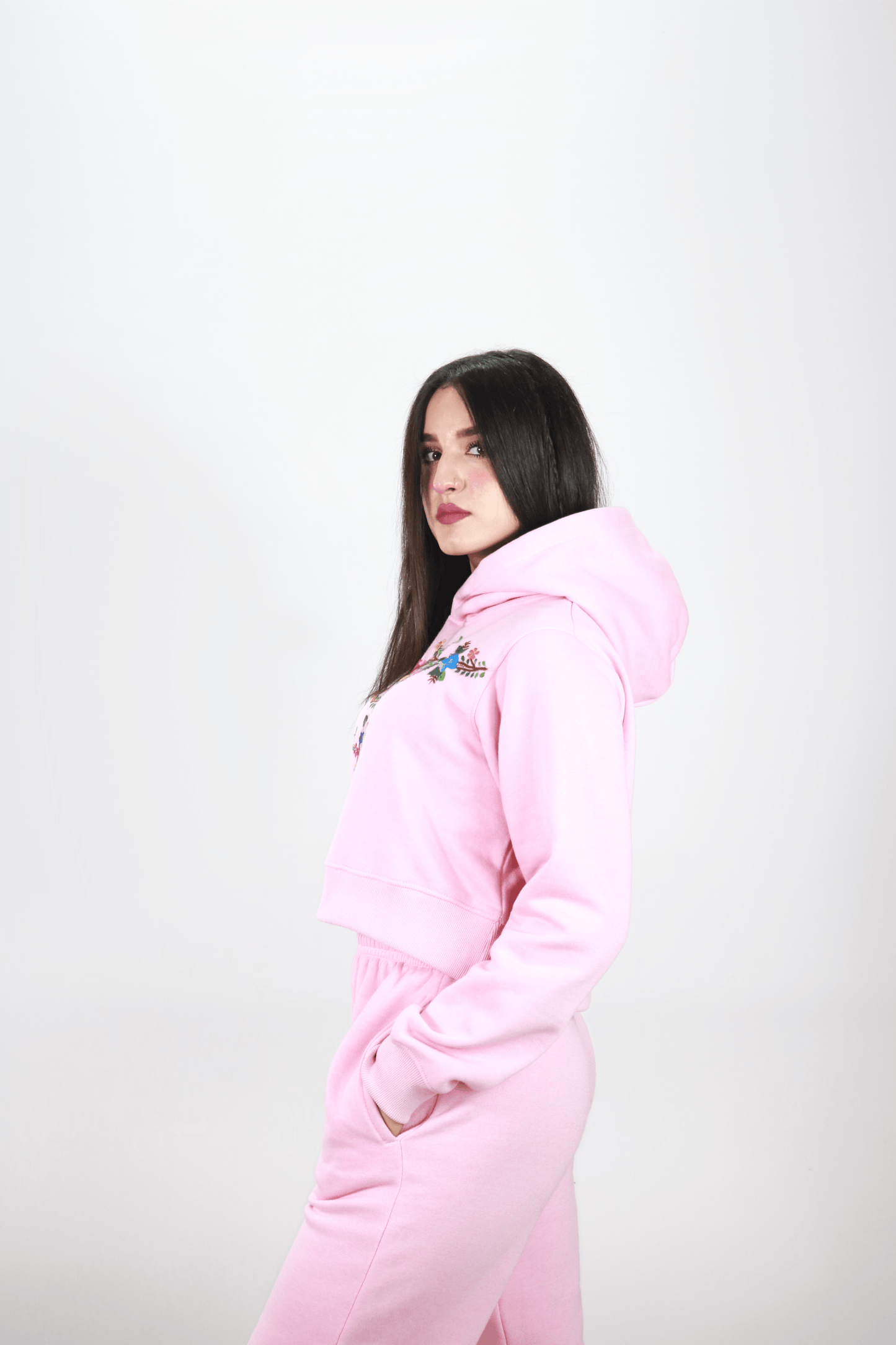 Hand Embroidered Hoodie and Trouser for Women (Pink)