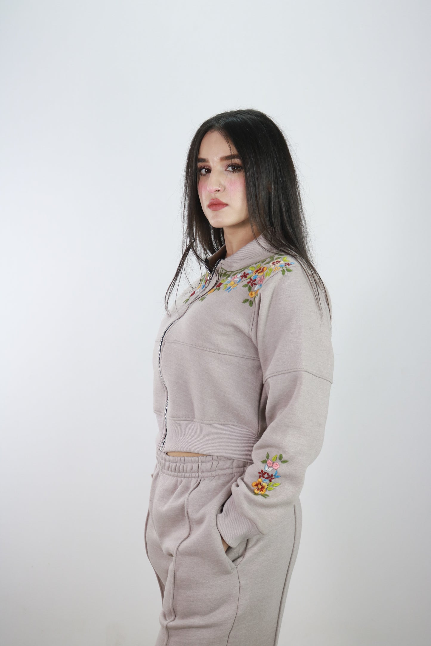 Hand Embroidered Hoodie and Trouser for Women (Silver)