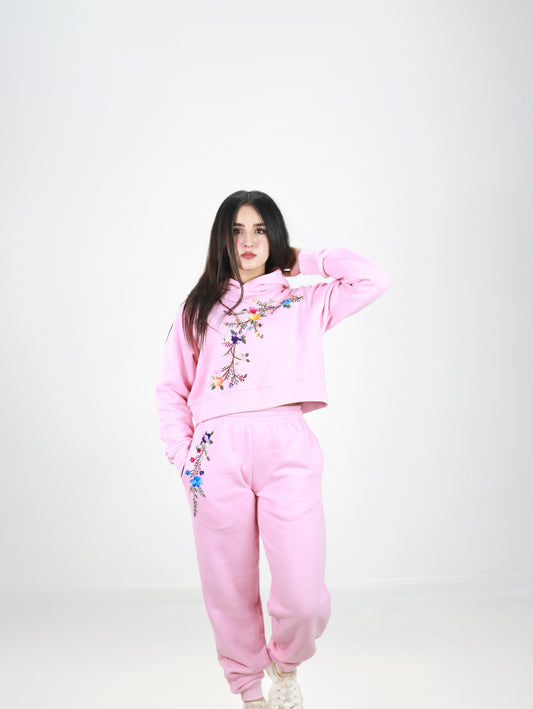 Hand Embroidered Hoodie and Trouser for Women (Pink)