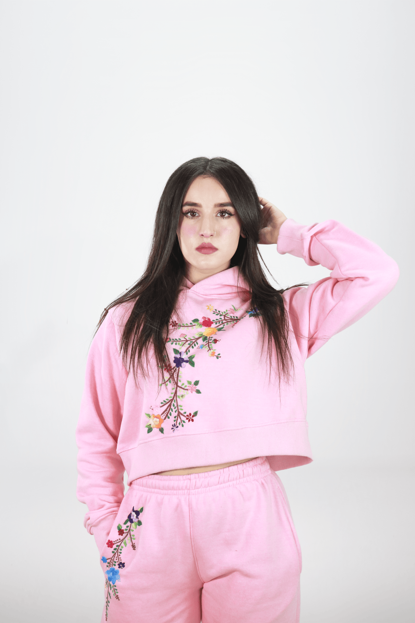 Hand Embroidered Hoodie and Trouser for Women (Pink)